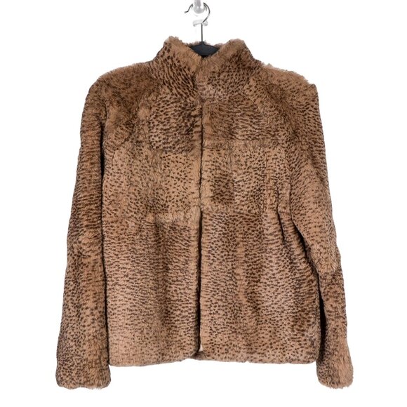Sharon Young Rabbit Fur Coat S Womens Animal Print Brown Collar Soft Lined - Picture 1 of 5